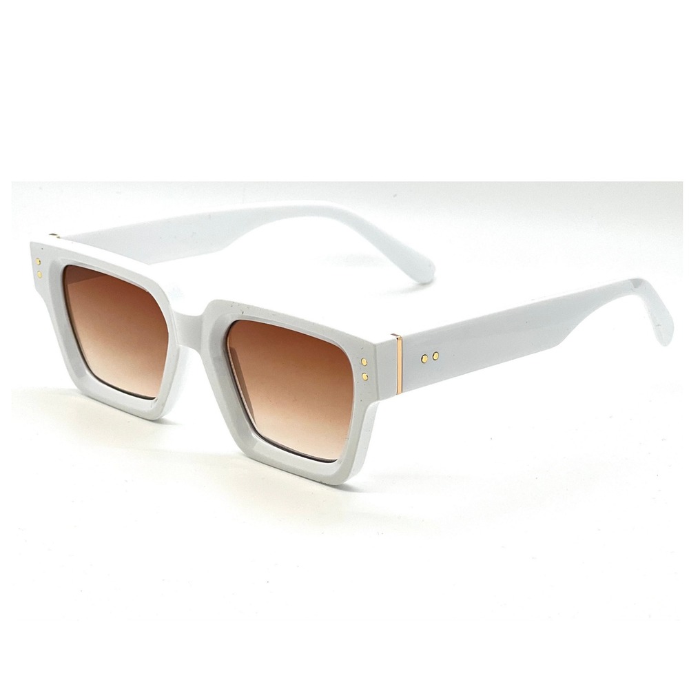 Square Sunglasses White Frame Brown Lens Gold Accent Fashion Shades Retro Lentes